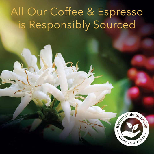 White coffee flower with red coffee berries and text about responsibly sourced coffee and espresso.