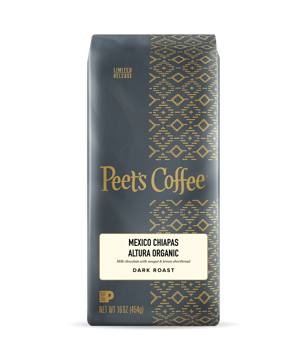 Peet's Coffee Mexico Chiapas Altura Organic package with gold text and pattern on a dark background