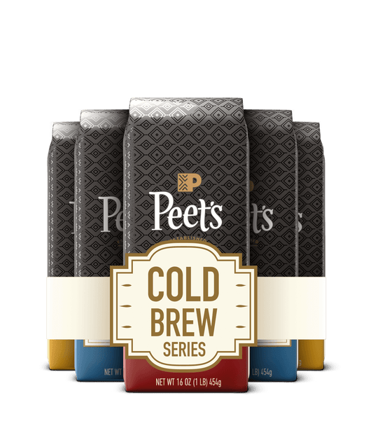 Packaging of Peet's Cold Brew Series coffee bags on a black background