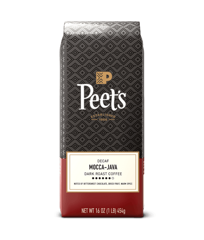 Peet's Decaf Mocca-Java coffee bag with a geometric pattern on a green background