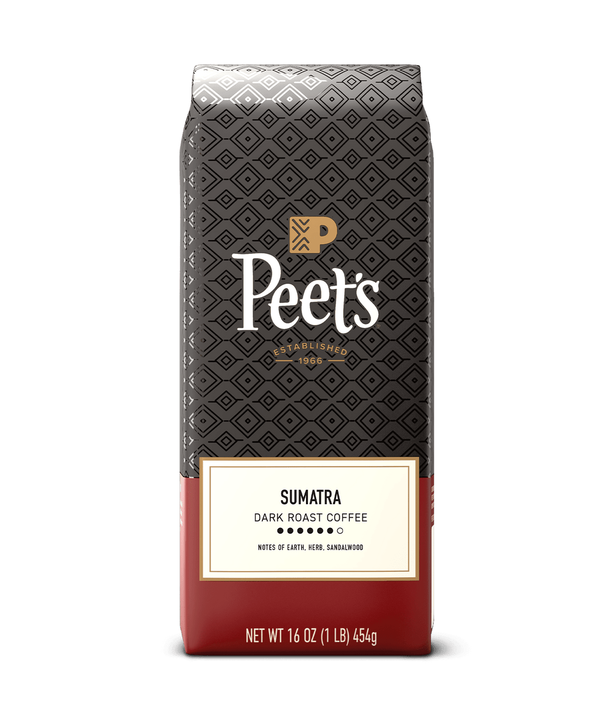 Peet's Sumatra dark roast coffee package on a green background