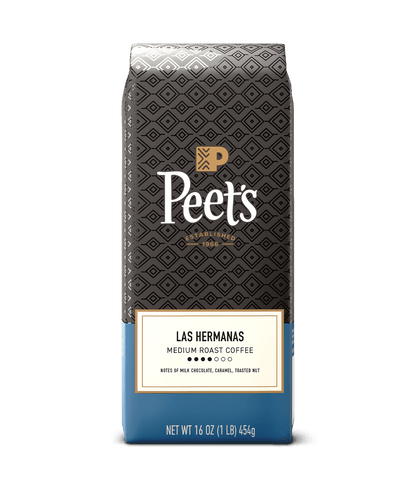Peet's coffee las hermanas bag with a geometric pattern on a green background