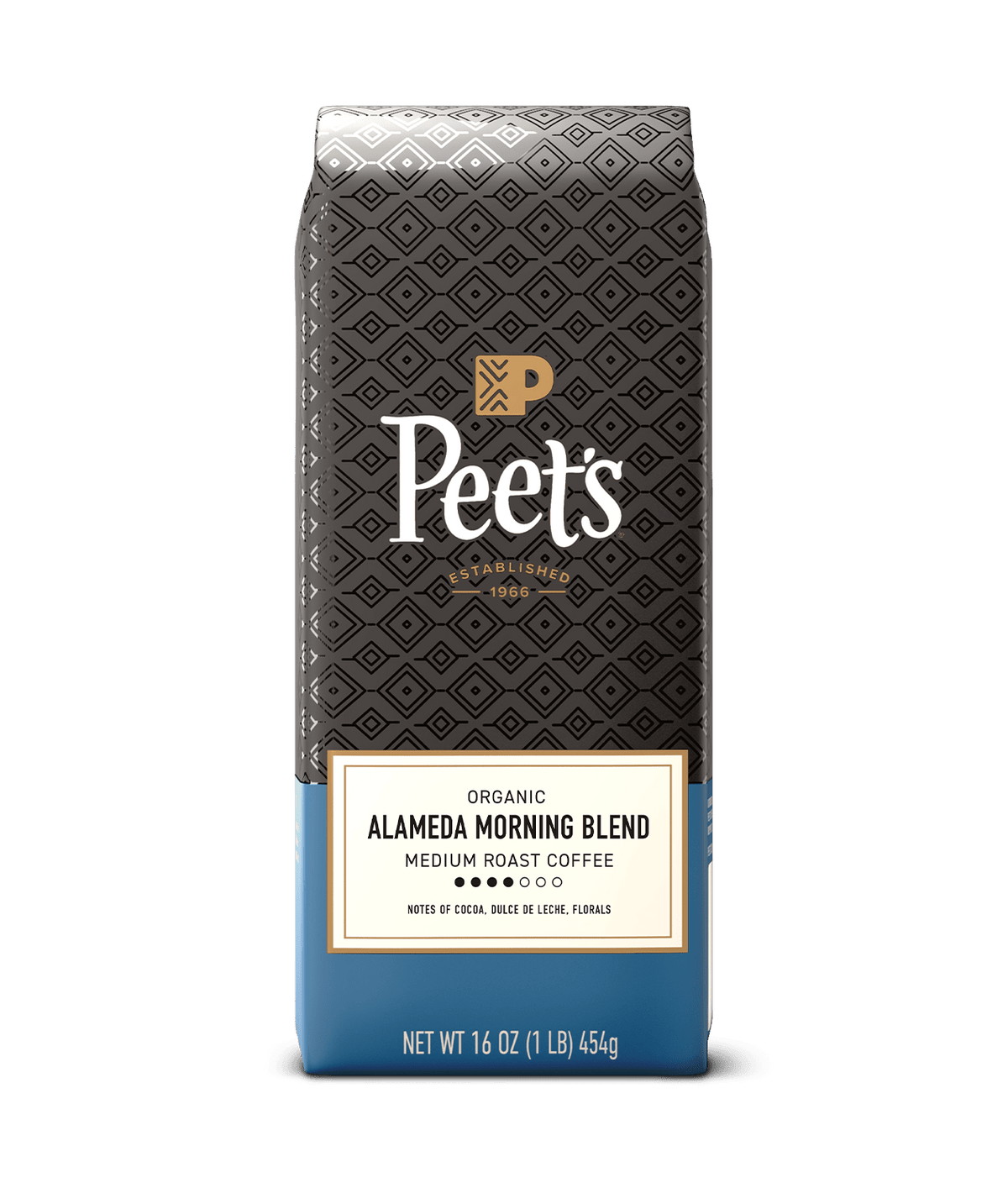 Peet's Coffee bag with a black and blue design on a green background