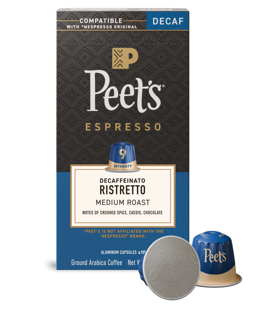 Peet's Espresso Decaf capsule packaging with a single capsule on a white background