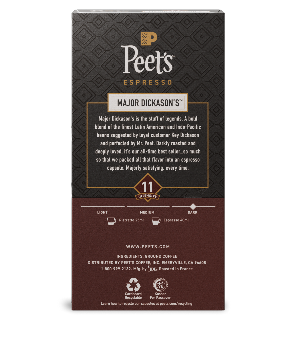 Peet's Espresso Major Dickason's coffee capsule packaging on a white background