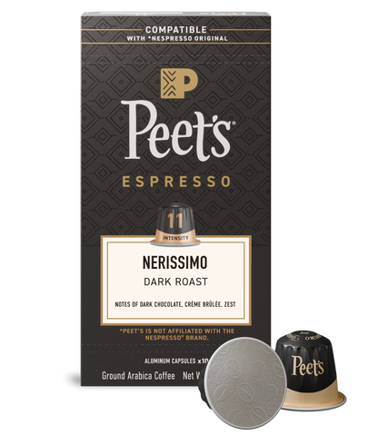 Peet's Espresso Nerissimo dark roast coffee packaging with a coffee capsule on a white background