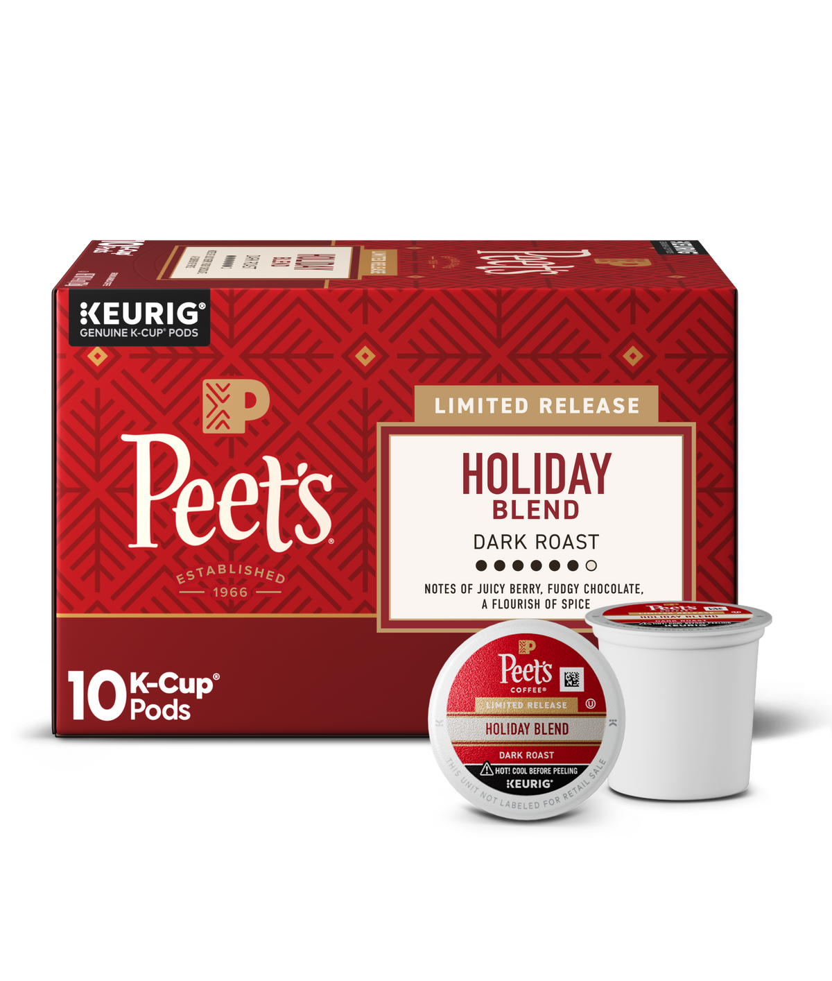 Box of Peet's Holiday Blend K-Cup pods with a single pod on a white background