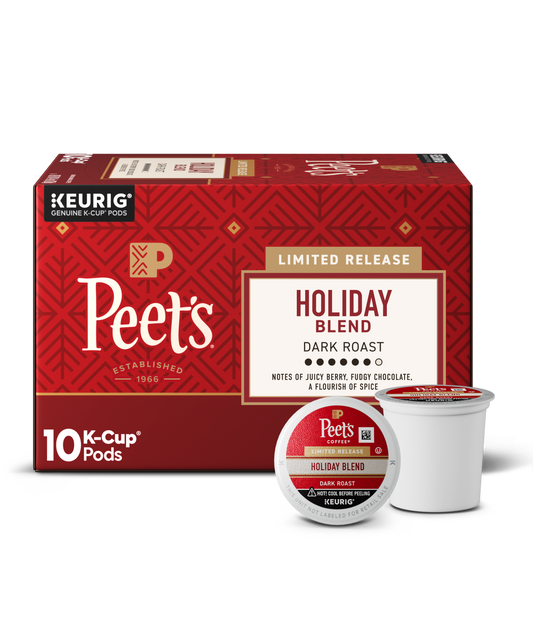 Box of Peet's Holiday Blend K-Cup pods with a single pod on a white background