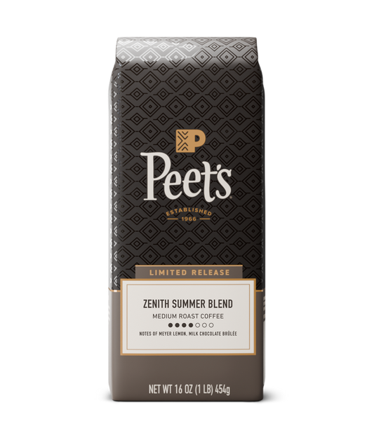 Peet's Coffee bag with 'Zenith Summer Blend' on a white background
