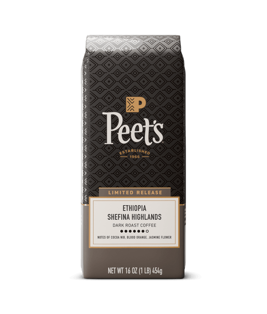 Peet's Ethiopia Shefina Highlands limited release dark roast coffee in a 16 oz bag, featuring a dark brown patterned design with gold and white text.