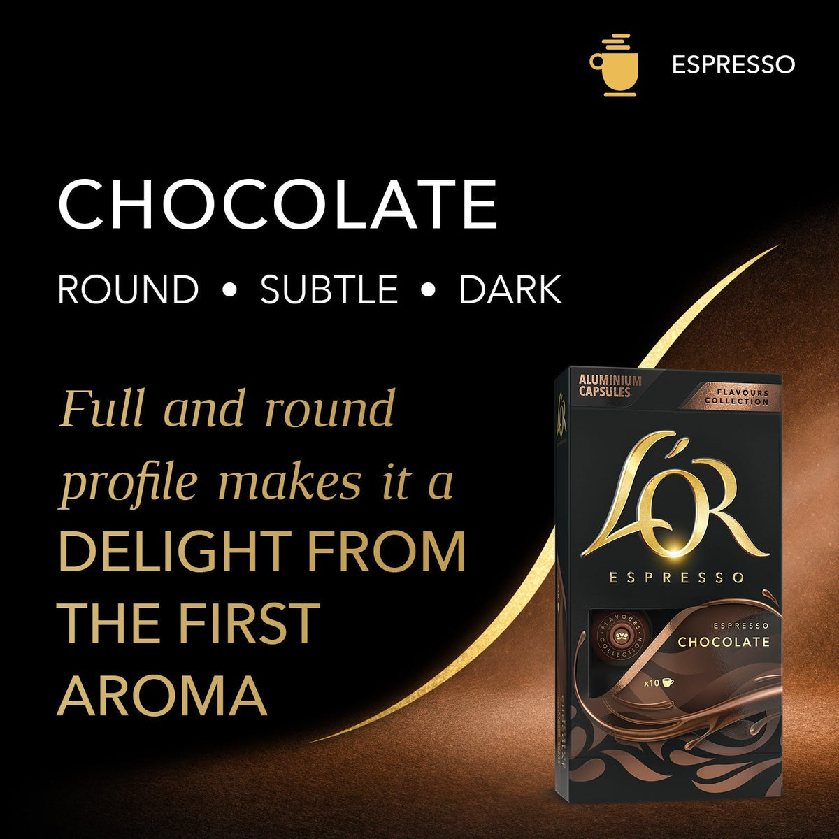LOR Espresso chocolate capsule packaging with text on a dark background