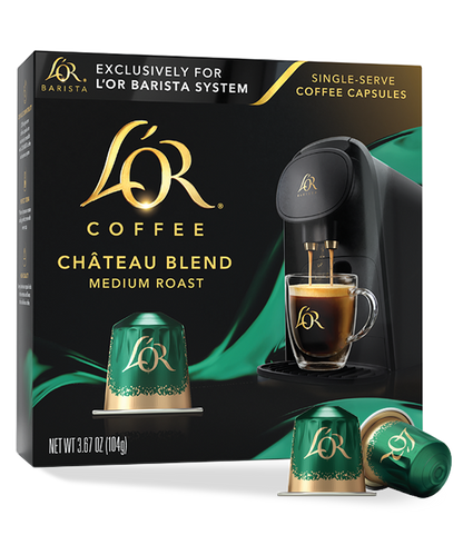 LöR Coffee Château Blend packaging with coffee capsule and coffee machine illustration.