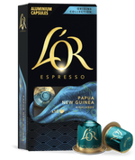 LoR Espresso Papua New Guinea Highlands coffee capsule packaging with two capsules on a white background.