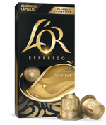 LoR Espresso Vanilla coffee capsule packaging with two capsules on a white background