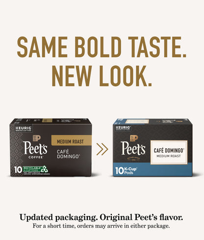 Two K-Cup packages of Peet's Coffee with text about updated packaging and original flavor.